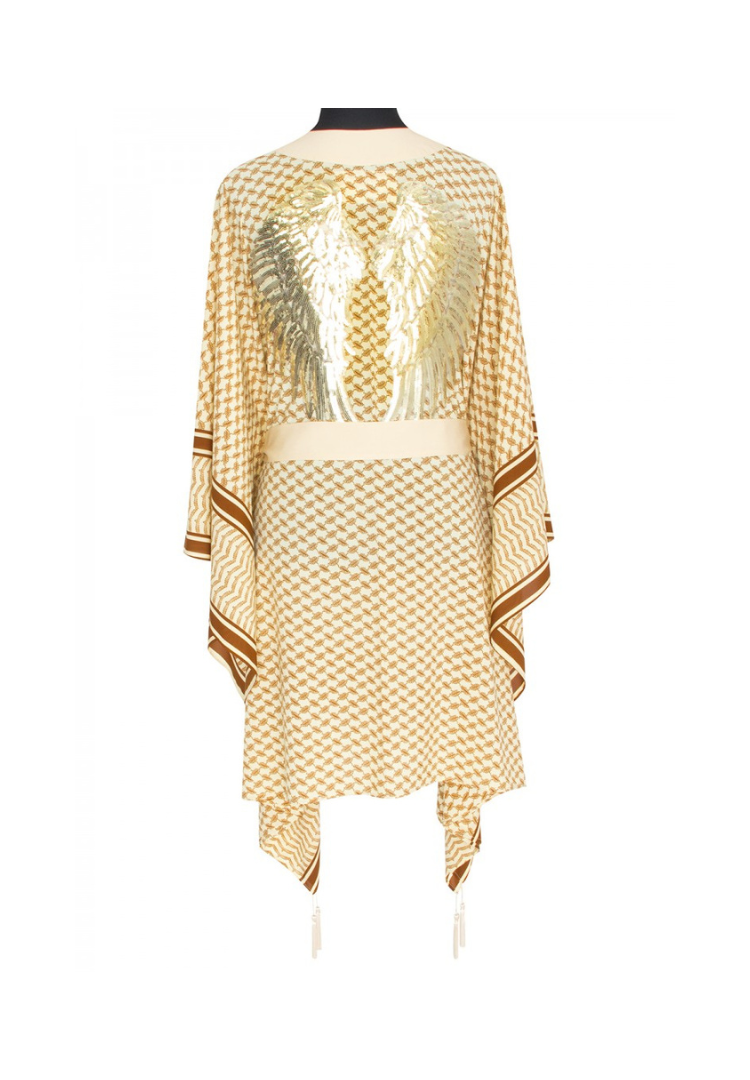 Sand Kimono w/ Beige trim & sequin gold wings