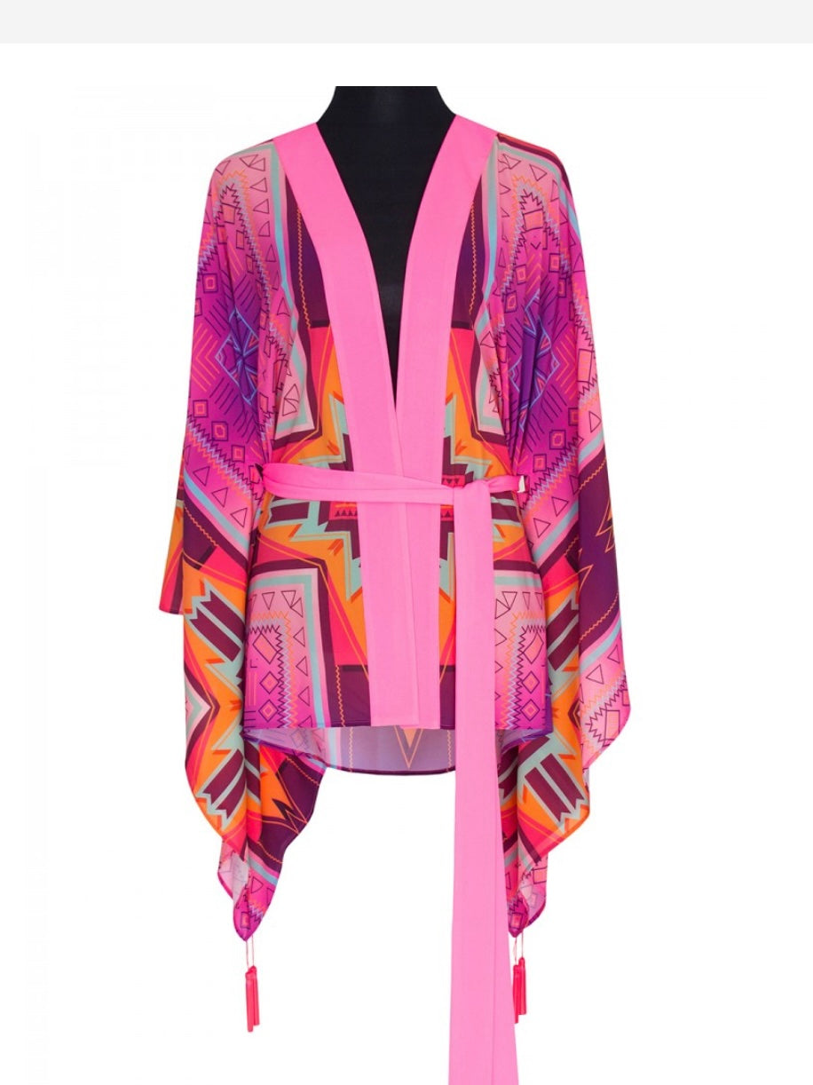 Pink Kimono w/ Neon pink trim & sequin gold skull