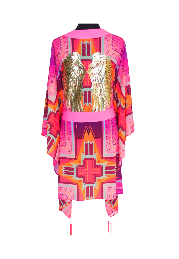 Pink Kimono w/ Neon pink trim & sequin gold wings