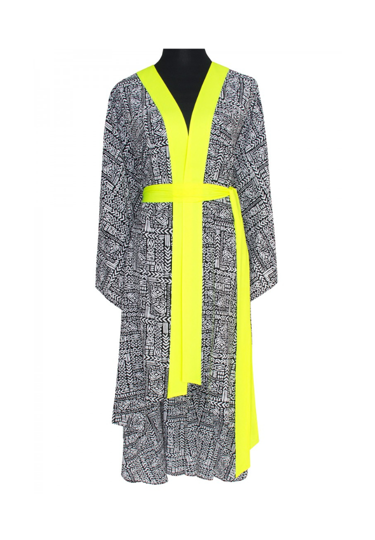 Black Mayan Kimono w/ Neon yellow trim & evil eye white