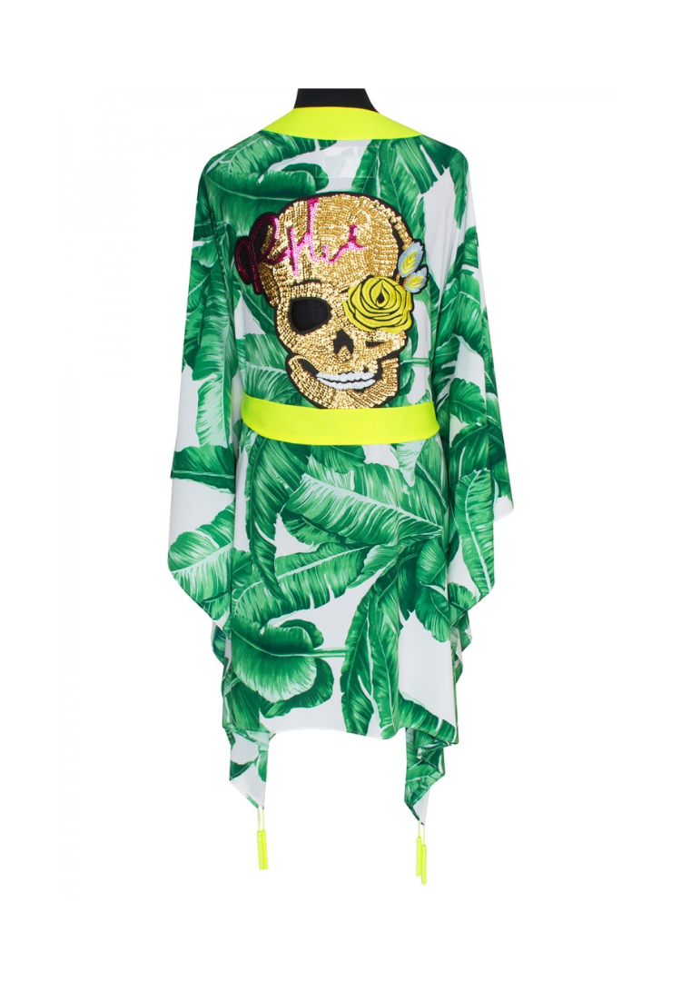 Green Palm Kimono w/ Neon yellow trim & sequin gold skull