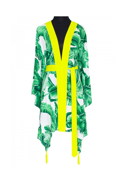 Green Palm Kimono w/ Neon yellow trim & sequin gold skull