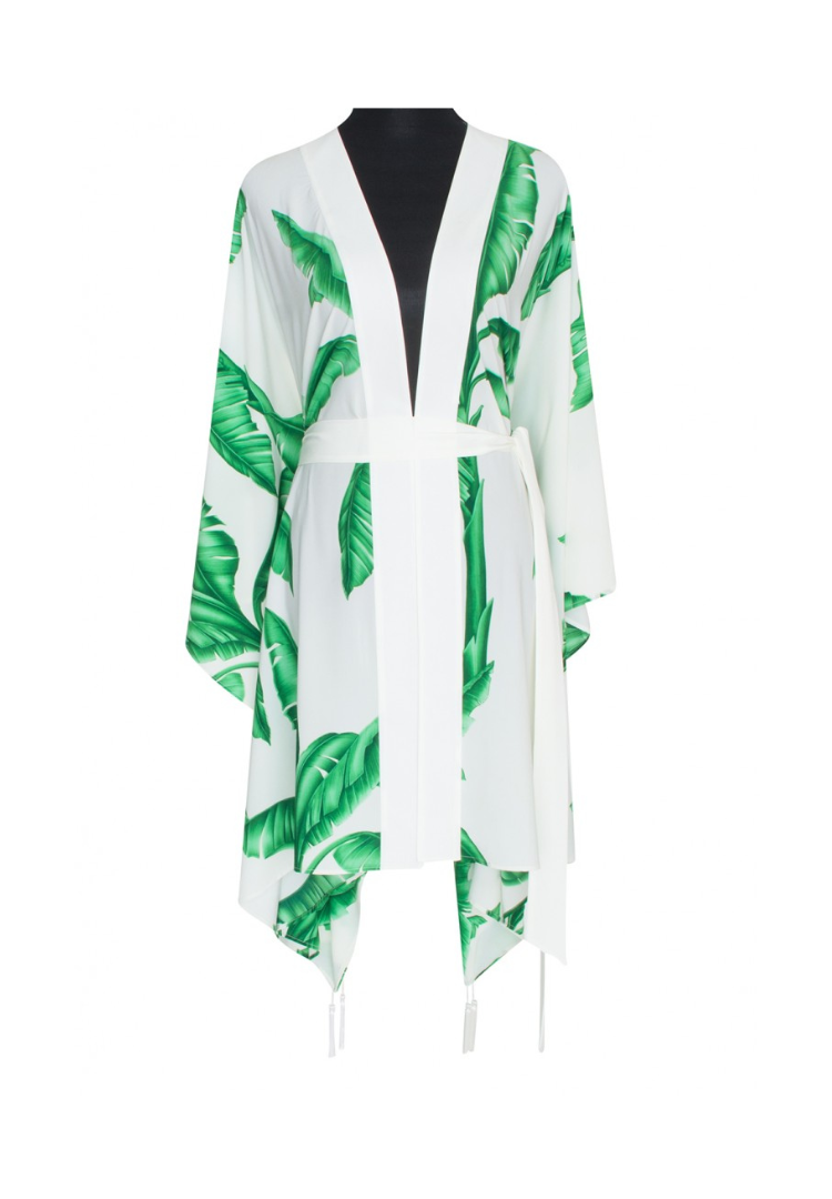 White Palm Kimono w/ Off white trim  & sequin gold wings