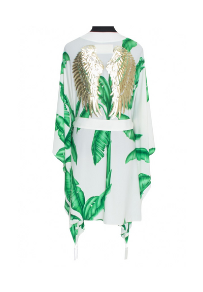 White Palm Kimono w/ Off white trim  & sequin gold wings