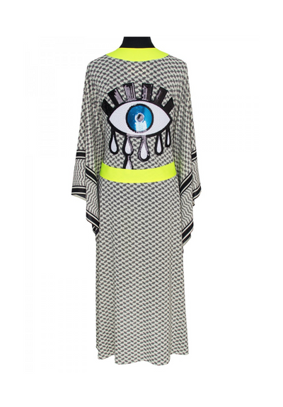 Tribe Kimono w/ Neon yellow trim & sequin evil eye white