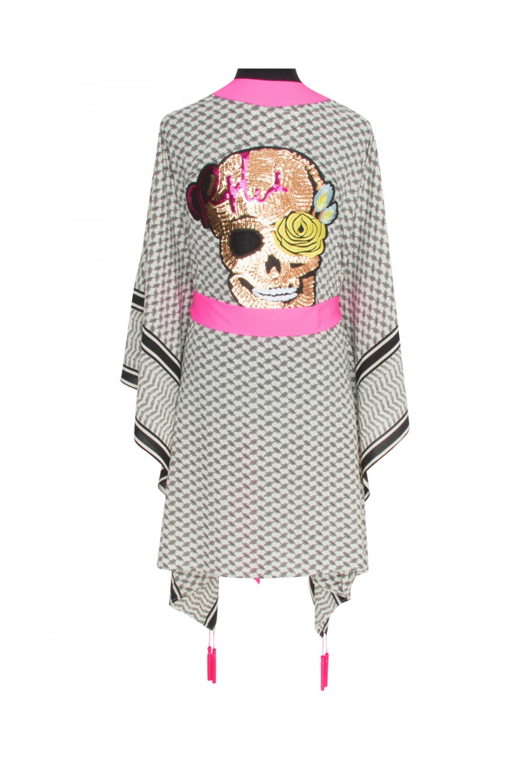 Tribe Kimono w/ Neon pink trim & sequin gold skull