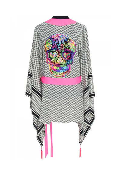 Tribe Kimono w/ Neon pink trim & sequin funky skull