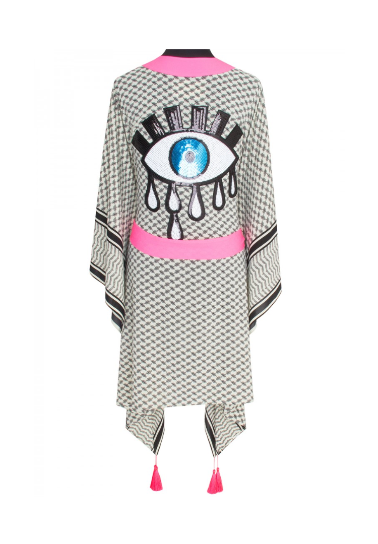 Tribe Kimono w/ Neon pink trim & sequin evil eye white