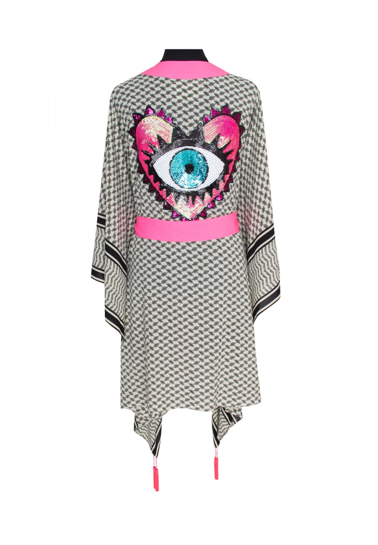 Tribe Kimono w/ Neon pink trim & evil eye heart love pink