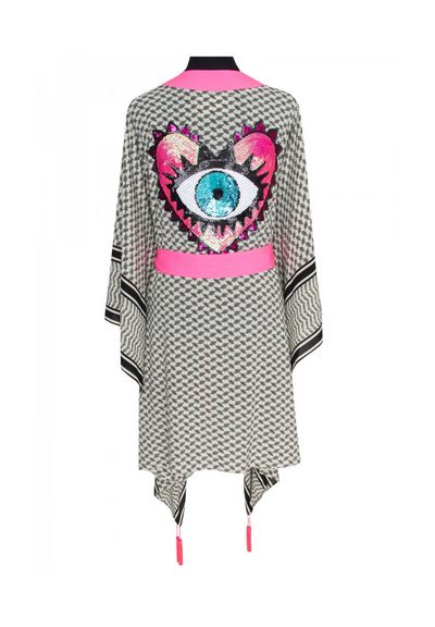 Tribe Kimono w/ Neon pink trim & evil eye heart love pink