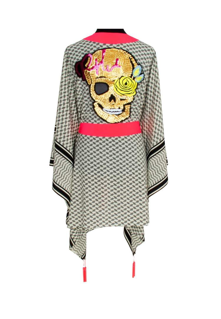 Tribe Kimono w/ Neon coral trim & sequin gold skull