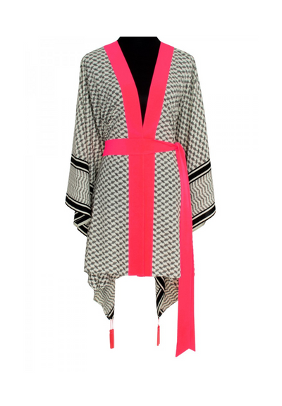 Tribe Kimono w/ Neon coral trim & sequin evil eye white