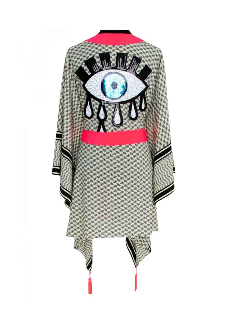 Tribe Kimono w/ Neon coral trim & sequin evil eye white