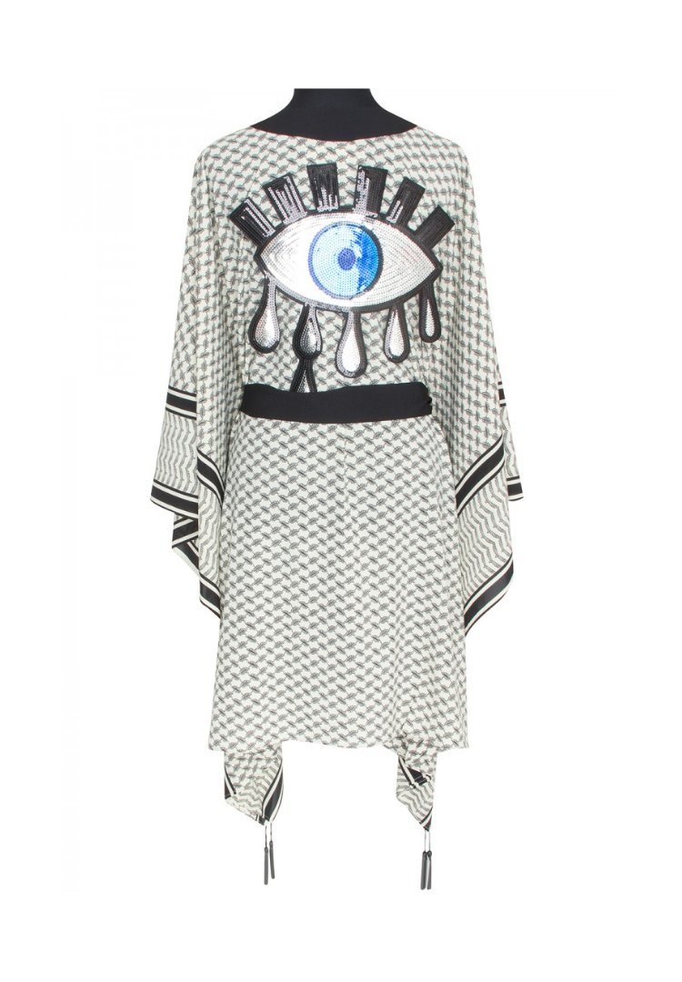 Tribe Kimono w/ Black trim & sequin evil eye silver