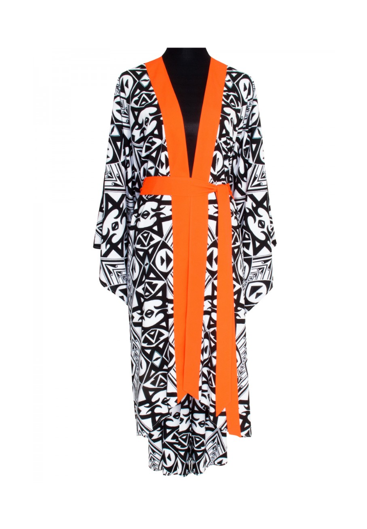 Tribal Eye Kimono w/ Neon orange trim