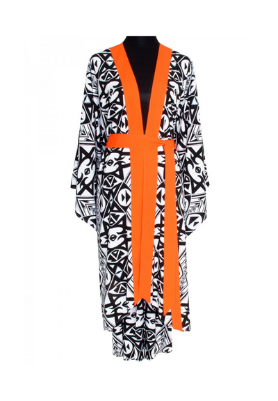 Tribal Eye Kimono w/ Neon orange trim