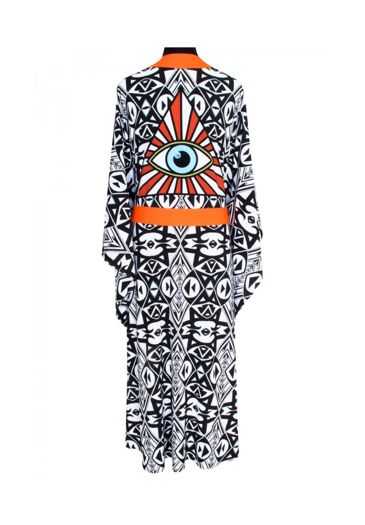 Tribal Eye Kimono w/ Neon orange trim