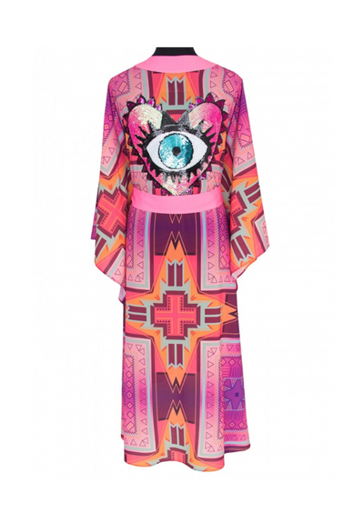 Pink Kimono w/ Neon pink trim & evil eye heart love pink