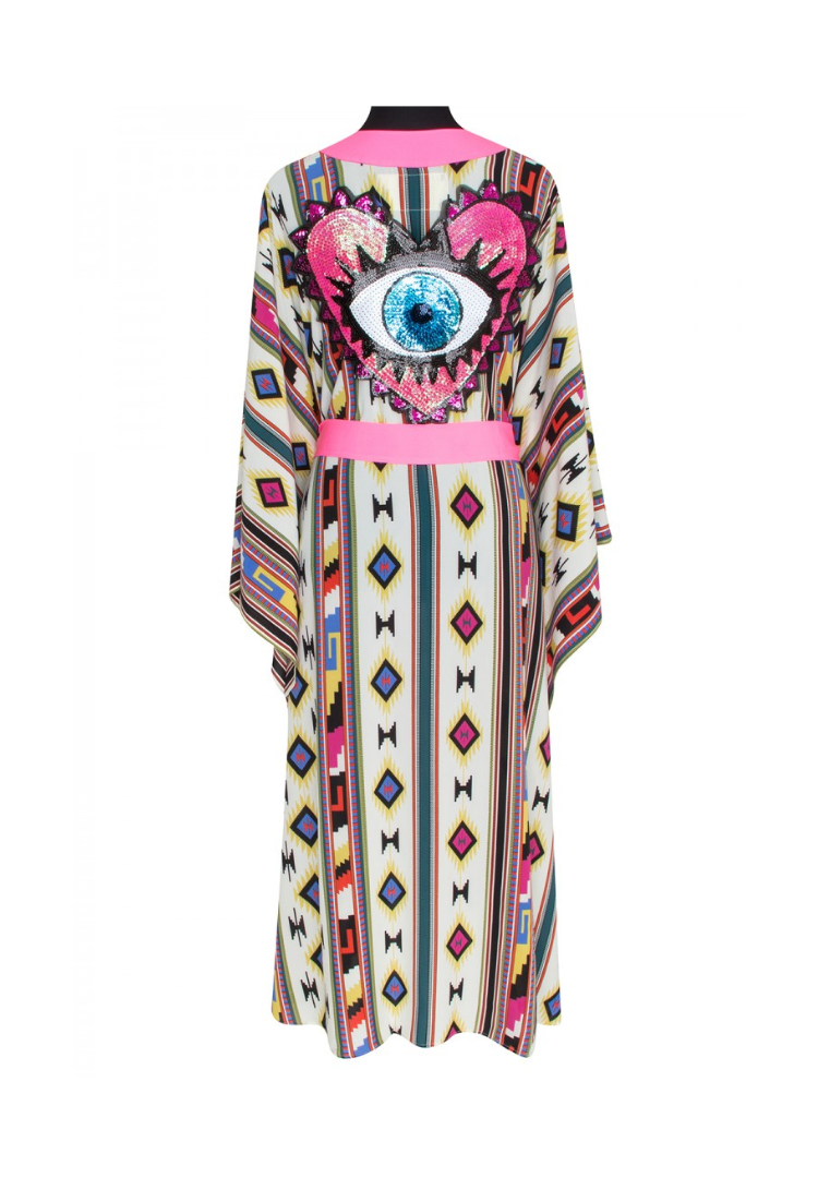 Navajo Kimono pink w/ Neon pink trim  & evil eye love pink