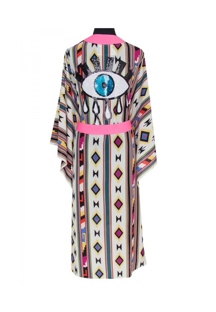 Navajo Kimono pink w/ Neon pink trim  & sequin evil eye white