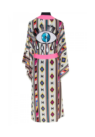 Navajo Kimono pink w/ Neon pink trim  & sequin evil eye white