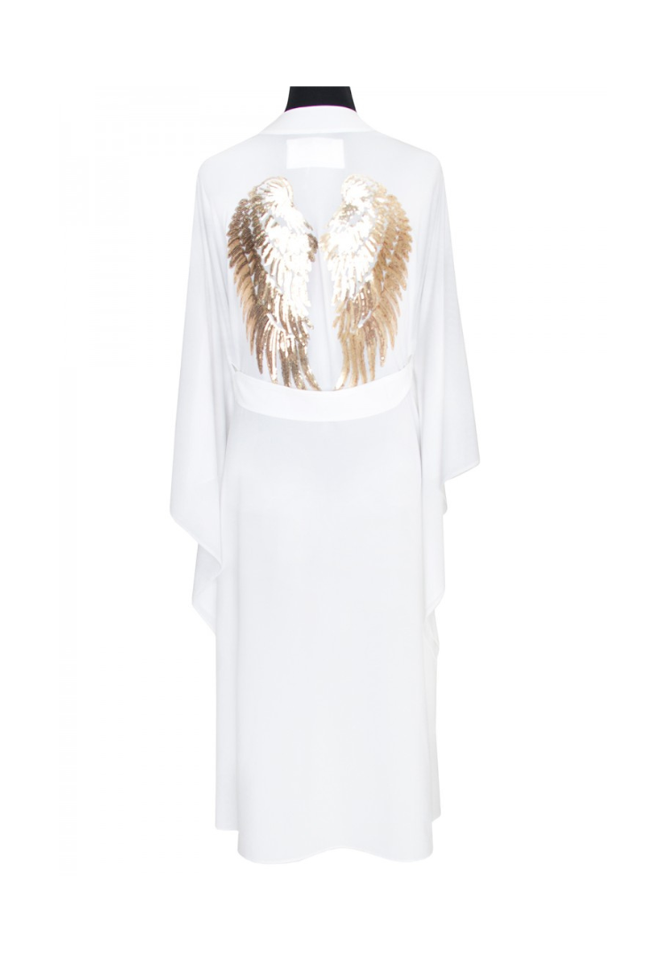 White Kimono w/ White trim & sequin gold wings