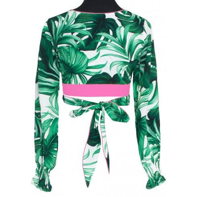 Monstera White / Green Crop Top w/ Neon Pink Trim