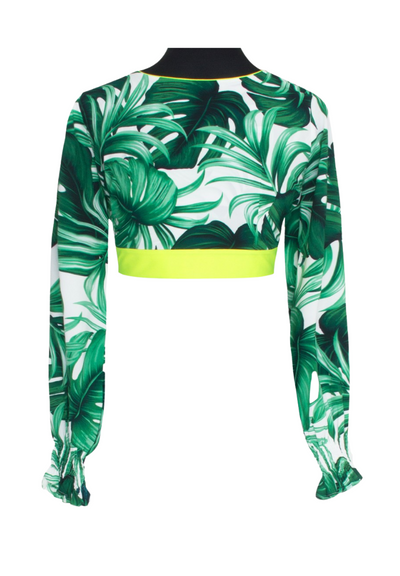 Monstera White / Green Crop Top w/ Neon Yellow Trim