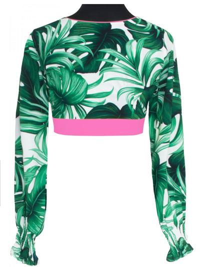 Monstera White / Green Crop Top w/ Neon Pink Trim