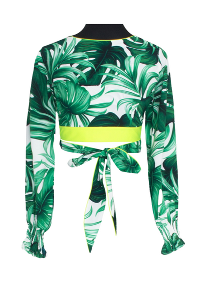 Monstera White / Green Crop Top w/ Neon Yellow Trim