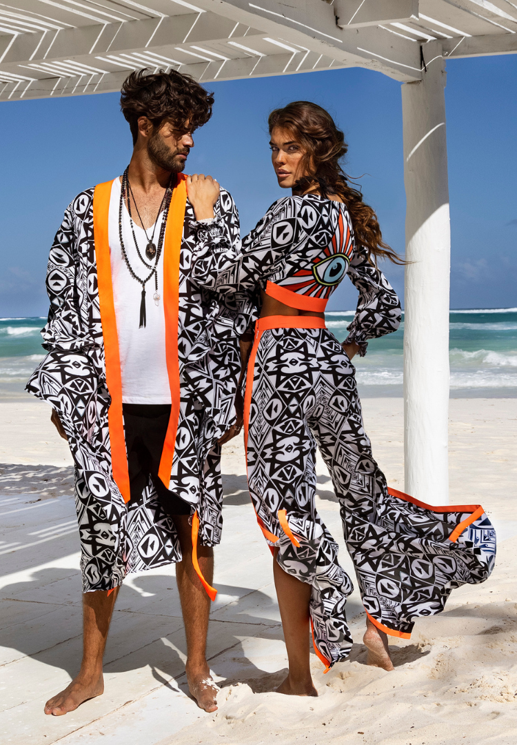 Tribal Eye Kimono w/ Neon orange trim